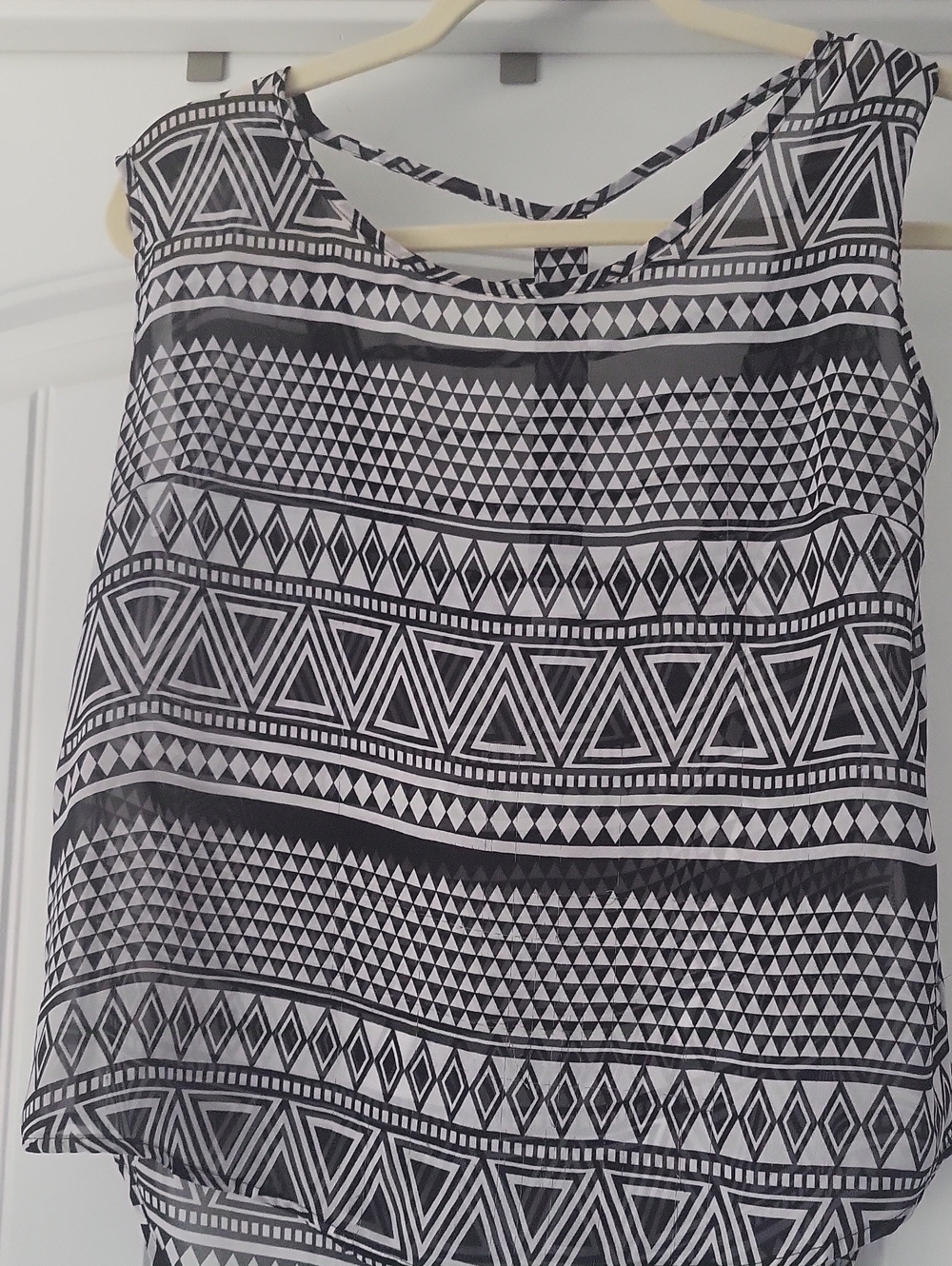 Sheer Black and White Geometric Sleeveless Women's Blouse